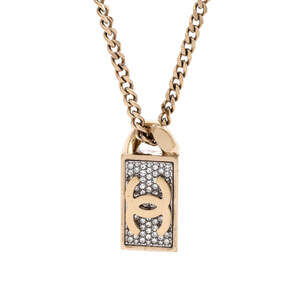 Chanel CC Dog Tag Pendant Necklace Metal with Crystals